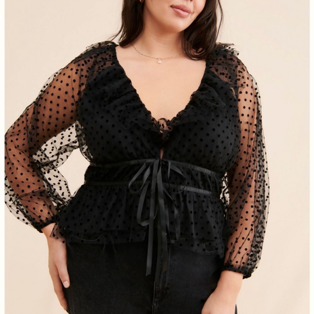 Anthropologie Black Sheer Polka-Dot Ruffled Tie-Waist Blouse
